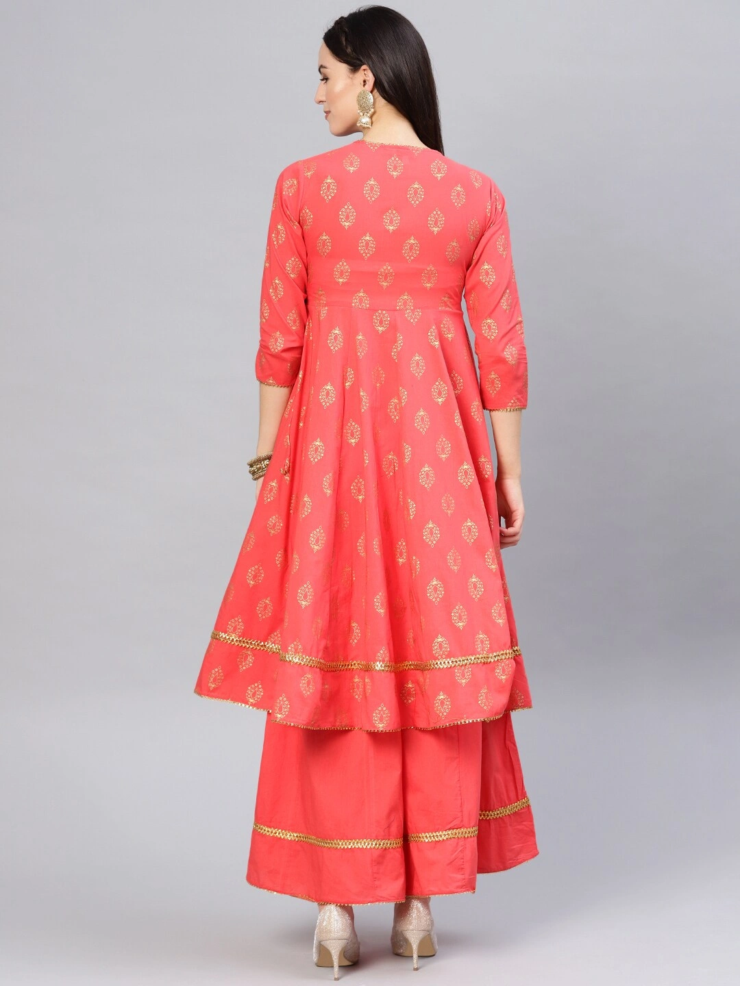 Bhama Couture Women Peach-Coloured &amp; Golden Printed Kurta with Palazzos-L-3