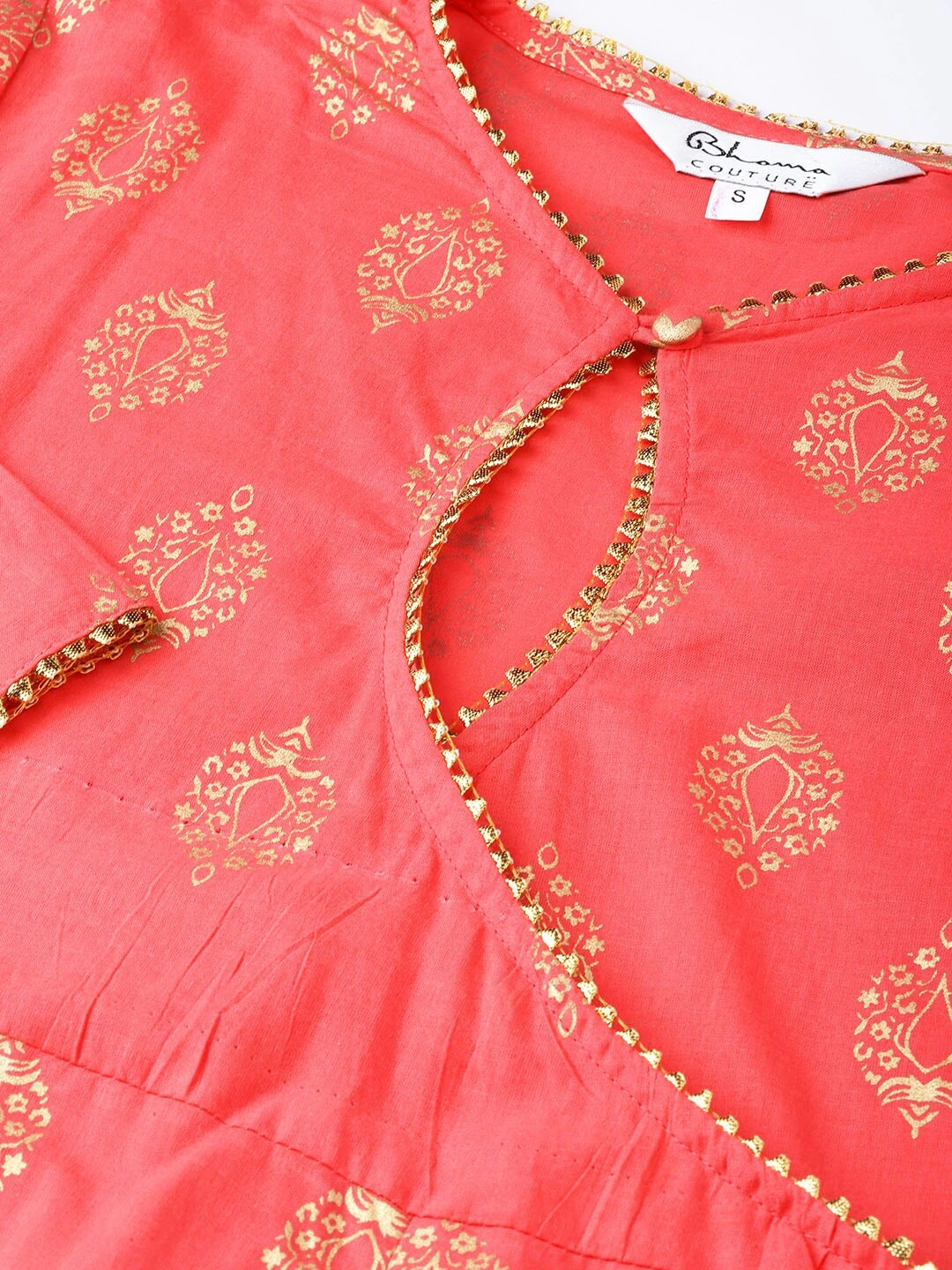 Bhama Couture Women Peach-Coloured &amp; Golden Printed Kurta with Palazzos-L-4