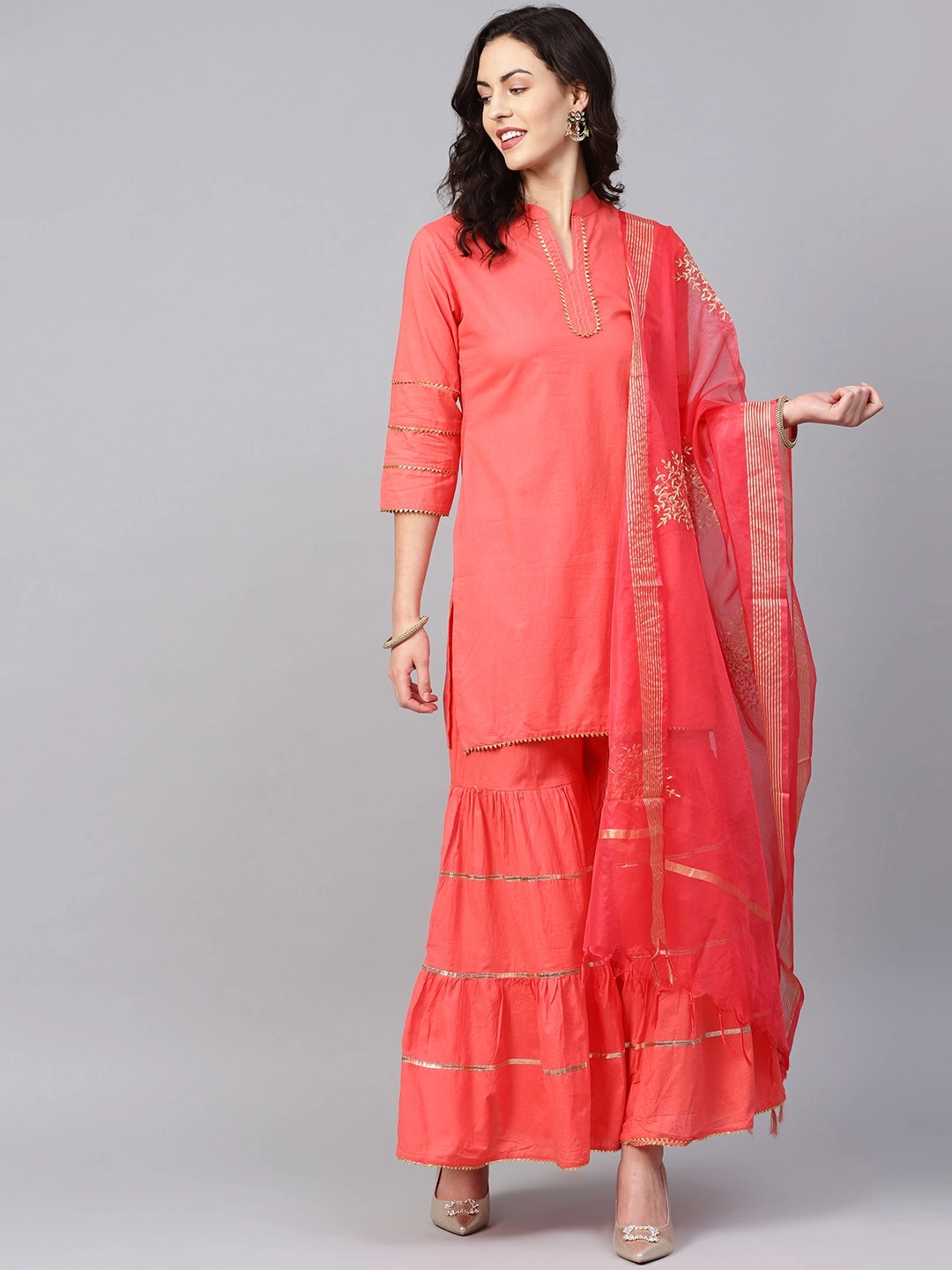 Bhama Couture Women Peach-Coloured Solid Kurta with Sharara &amp; Dupatta-BHKS203_L