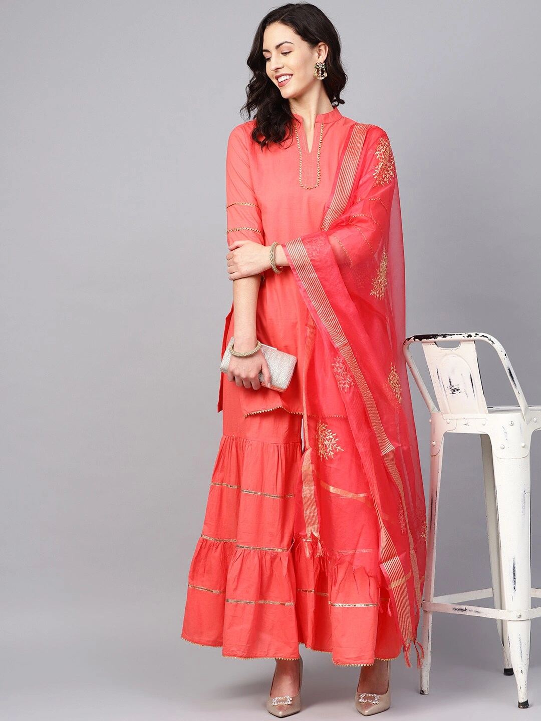 Bhama Couture Women Peach-Coloured Solid Kurta with Sharara &amp; Dupatta-L-1