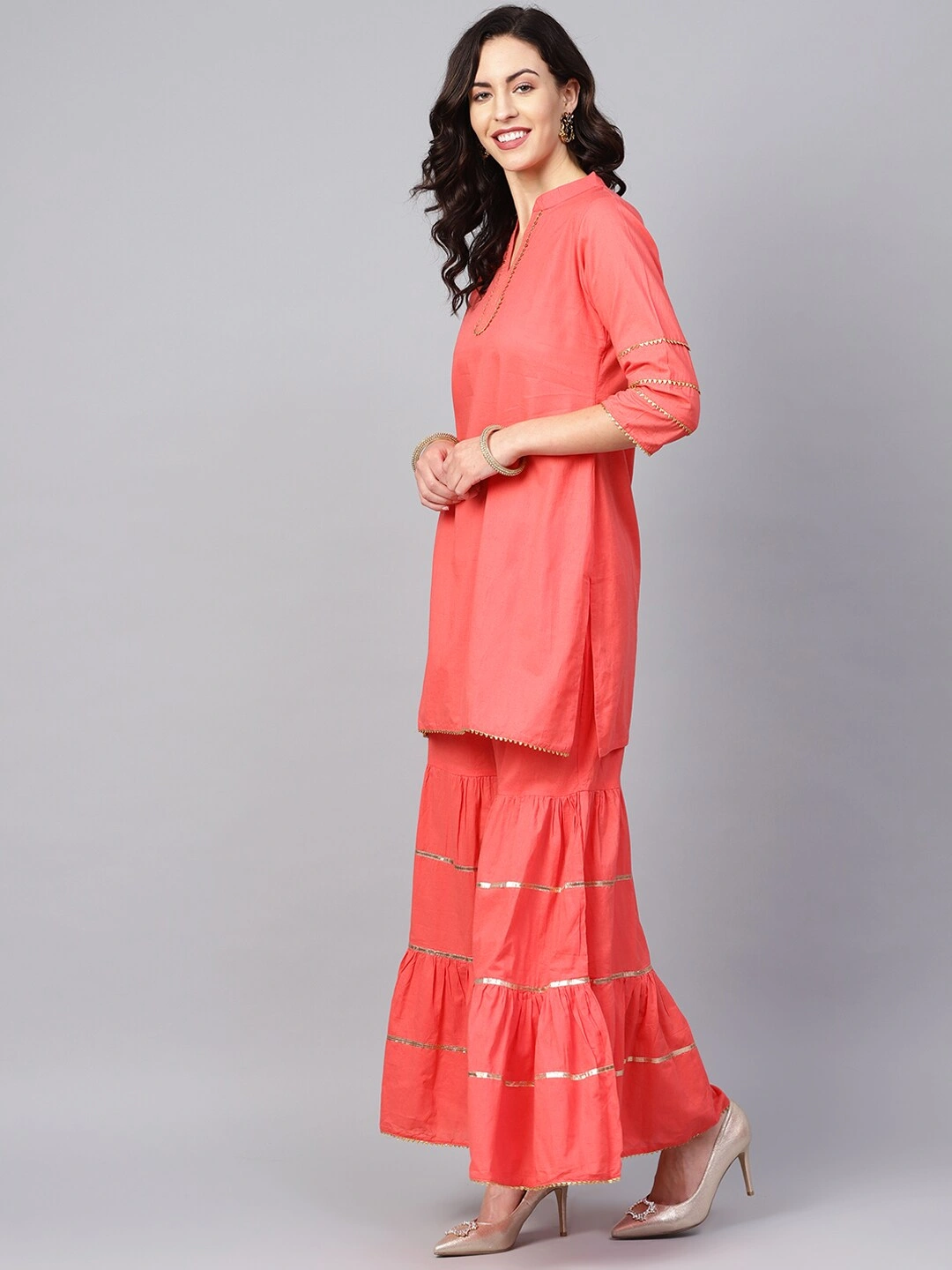 Bhama Couture Women Peach-Coloured Solid Kurta with Sharara &amp; Dupatta-L-2