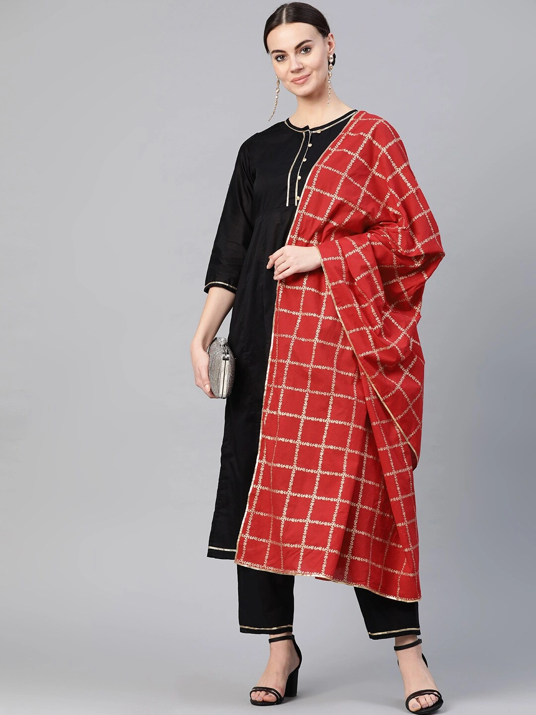 Bhama Couture Women Black &amp; Red Solid Kurta with Trousers &amp; Dupatta-S-1