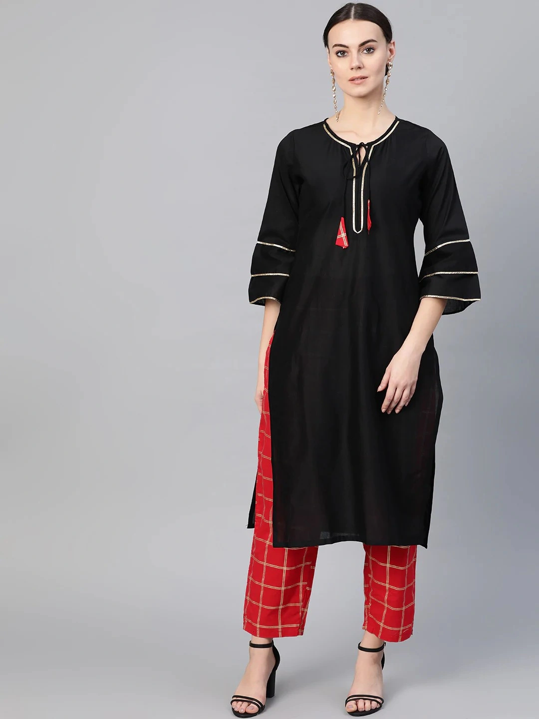 Bhama Couture Women Black &amp; Red Solid Kurta with Trousers-BHKS207_L