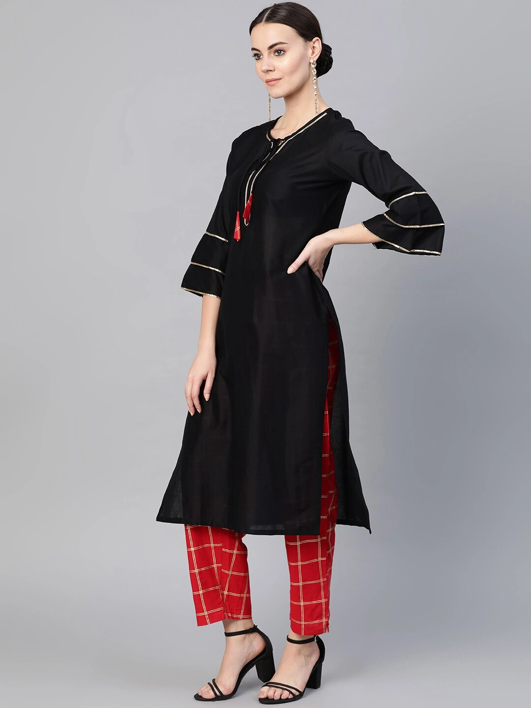 Bhama Couture Women Black &amp; Red Solid Kurta with Trousers-L-2