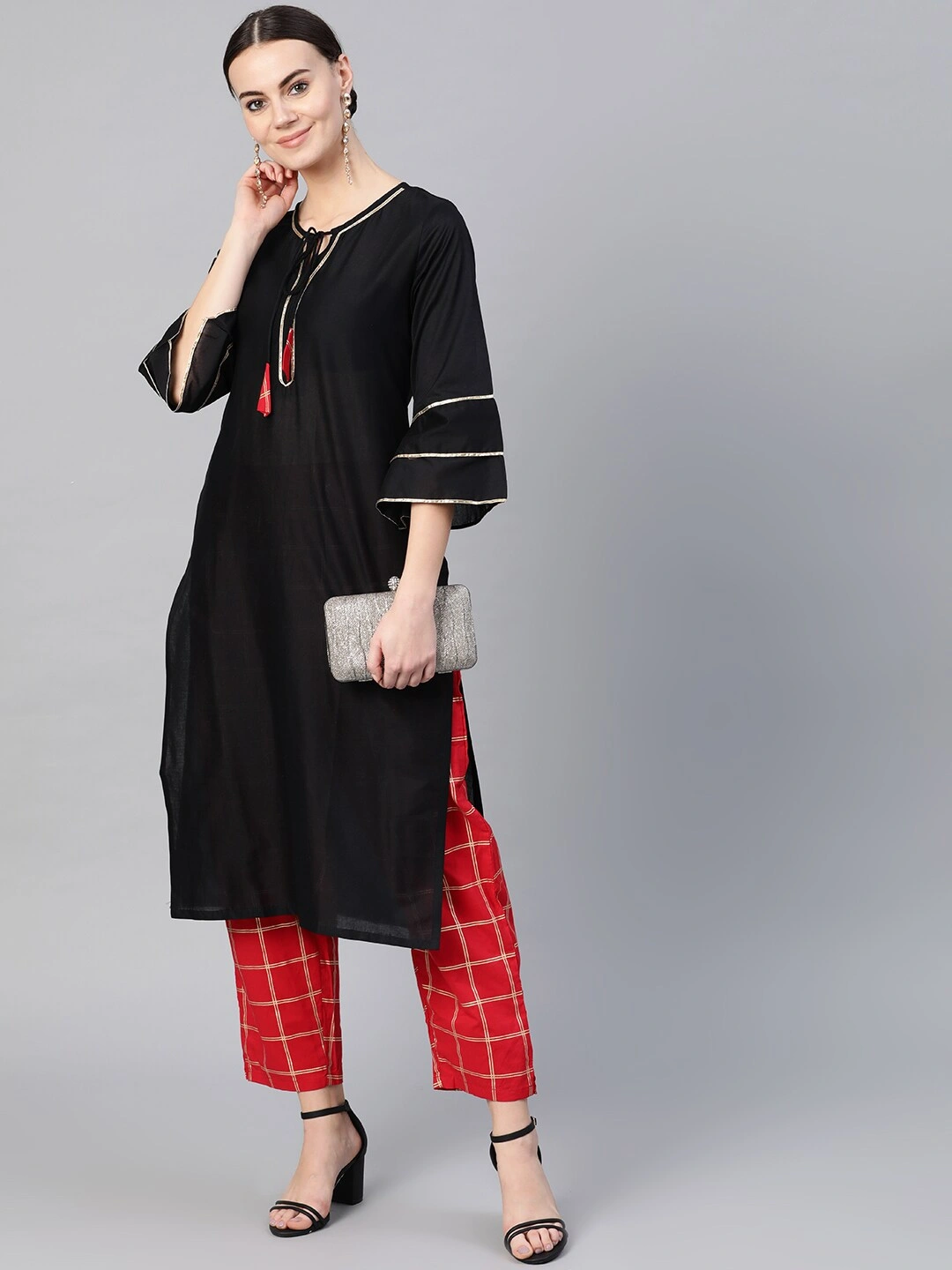 Bhama Couture Women Black &amp; Red Solid Kurta with Trousers-M-1