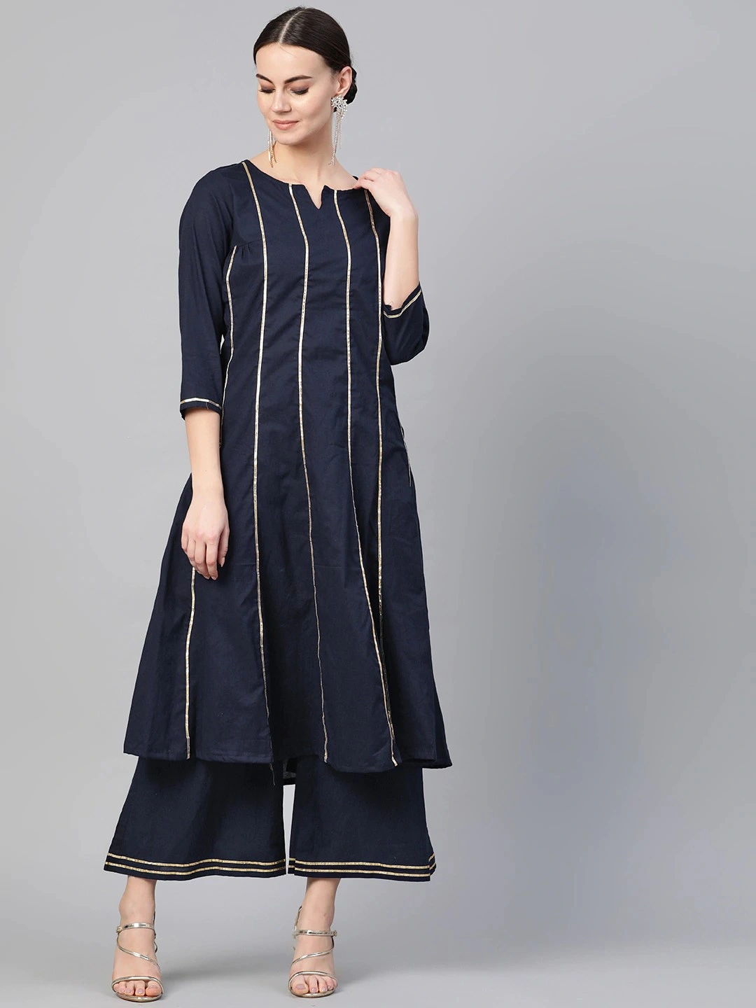 Bhama Couture Women Navy Blue Gotta Patti Striped Kurta with Palazzos-BHKS209_L