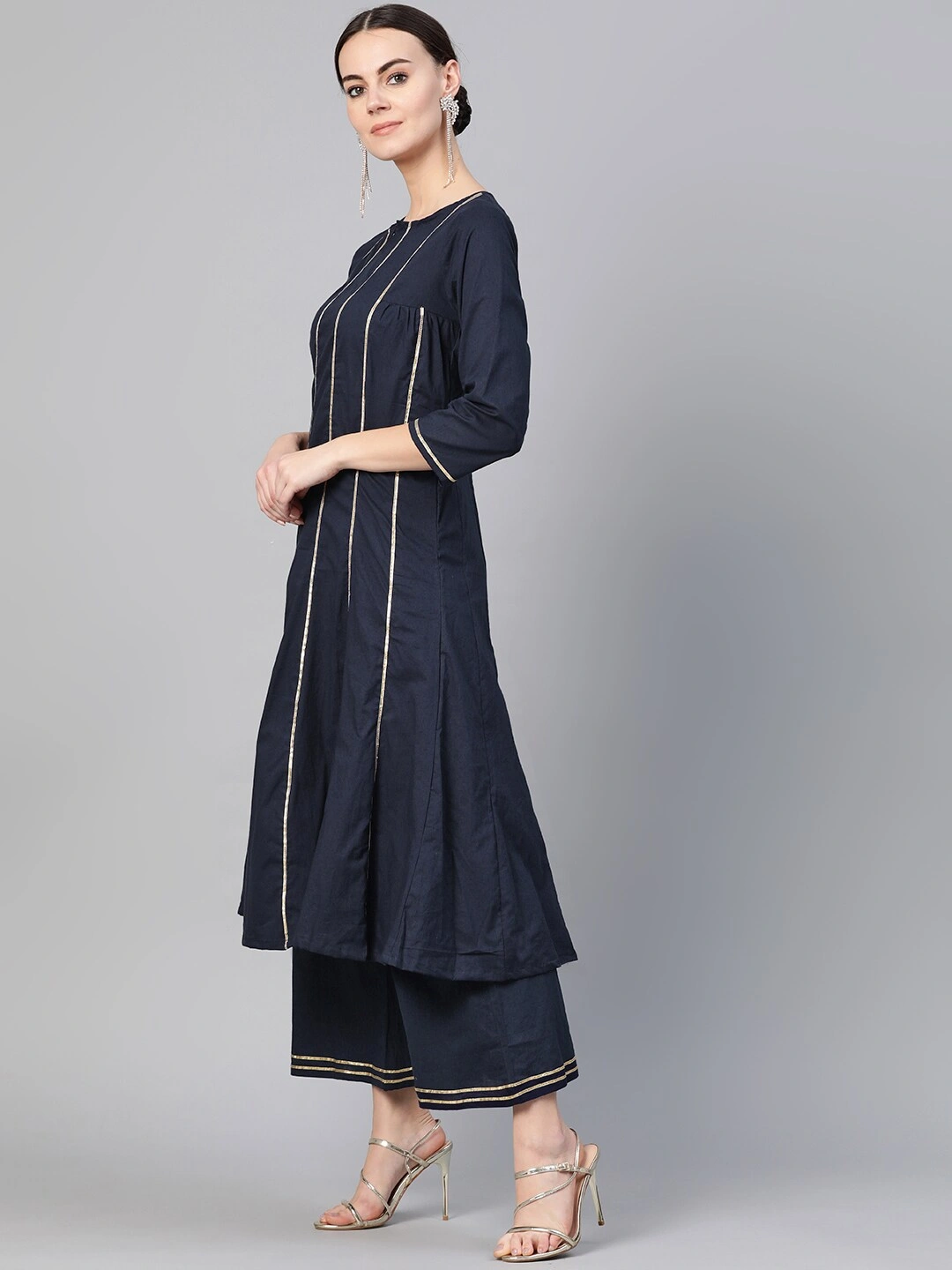 Bhama Couture Women Navy Blue Gotta Patti Striped Kurta with Palazzos-M-2