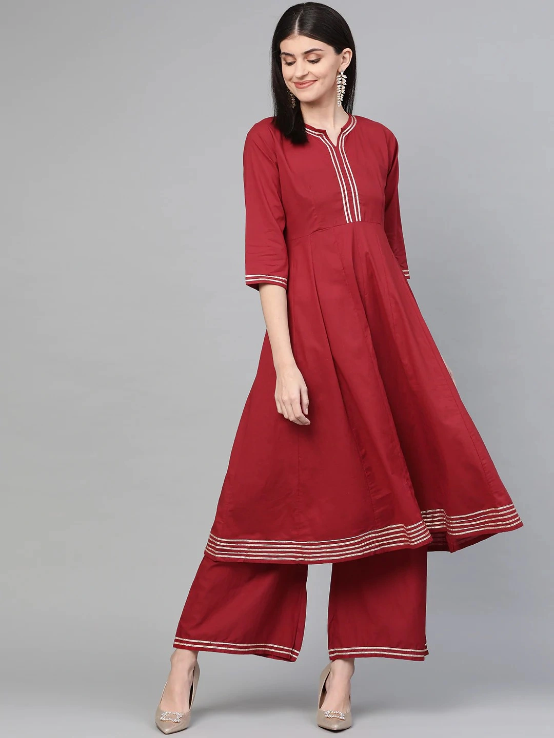 Bhama Couture Women Maroon Gotta Patti Detail Kurta with Palazzos-BHKS210_L