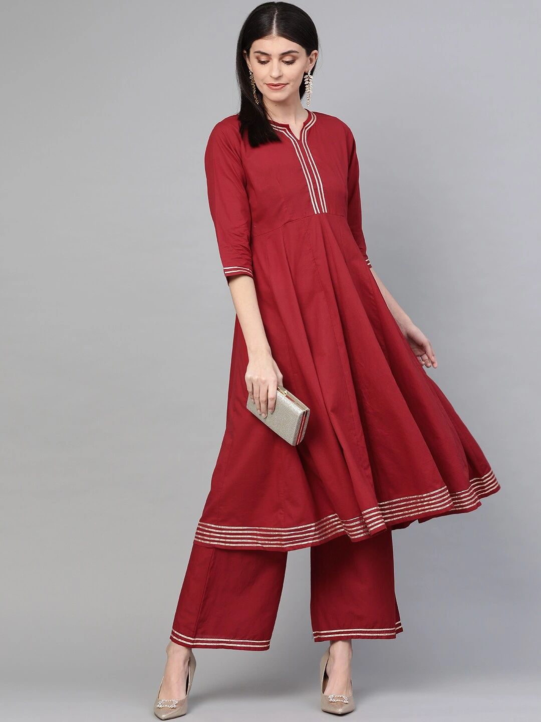 Bhama Couture Women Maroon Gotta Patti Detail Kurta with Palazzos-M-1