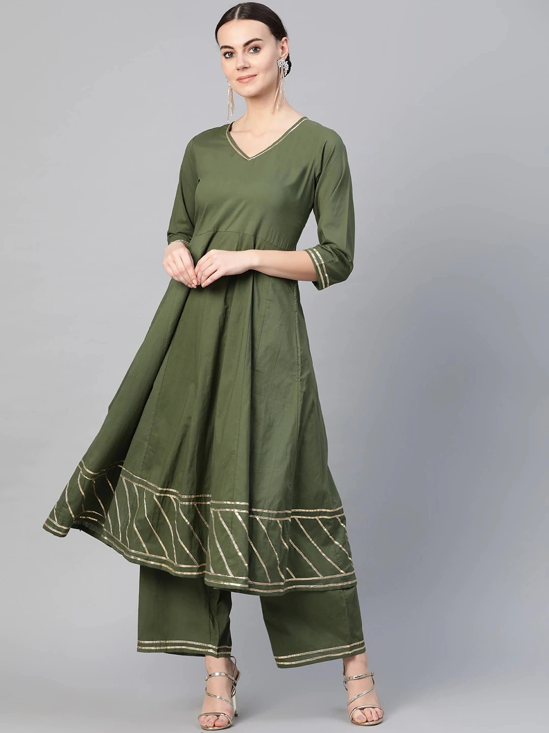 Bhama Couture Women Olive Green Gotta Patti Detail Kurta with Palazzos-BHKS212_M