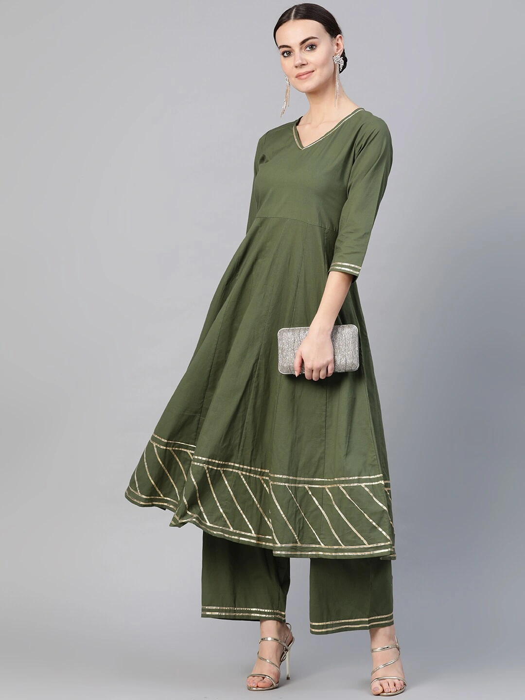 Bhama Couture Women Olive Green Gotta Patti Detail Kurta with Palazzos-M-1