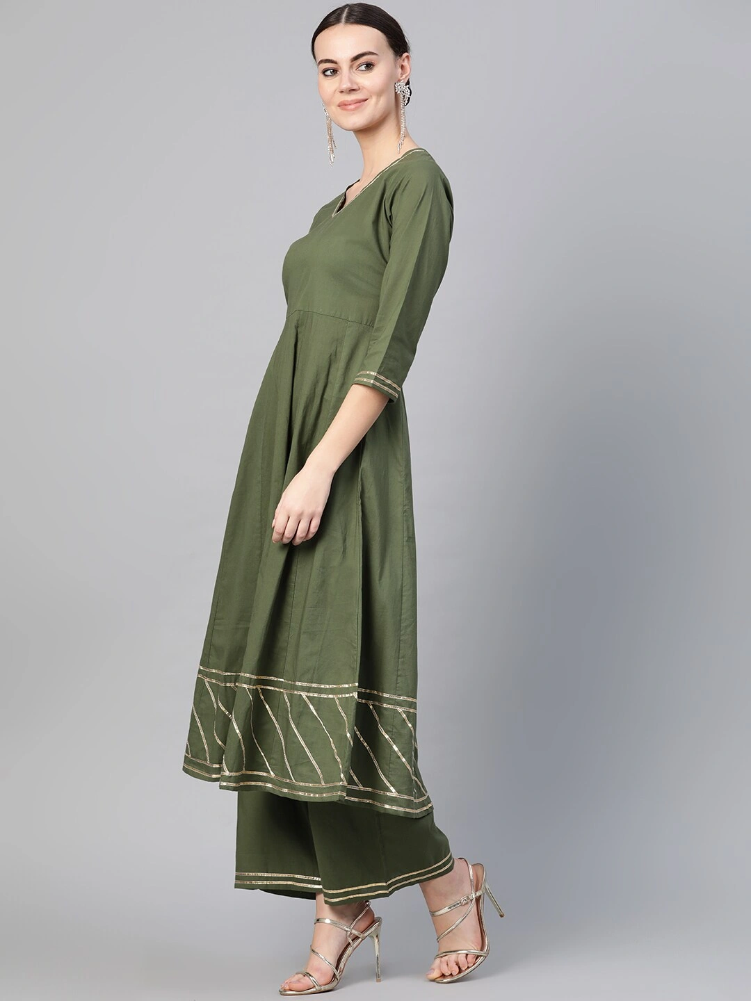 Bhama Couture Women Olive Green Gotta Patti Detail Kurta with Palazzos-M-2