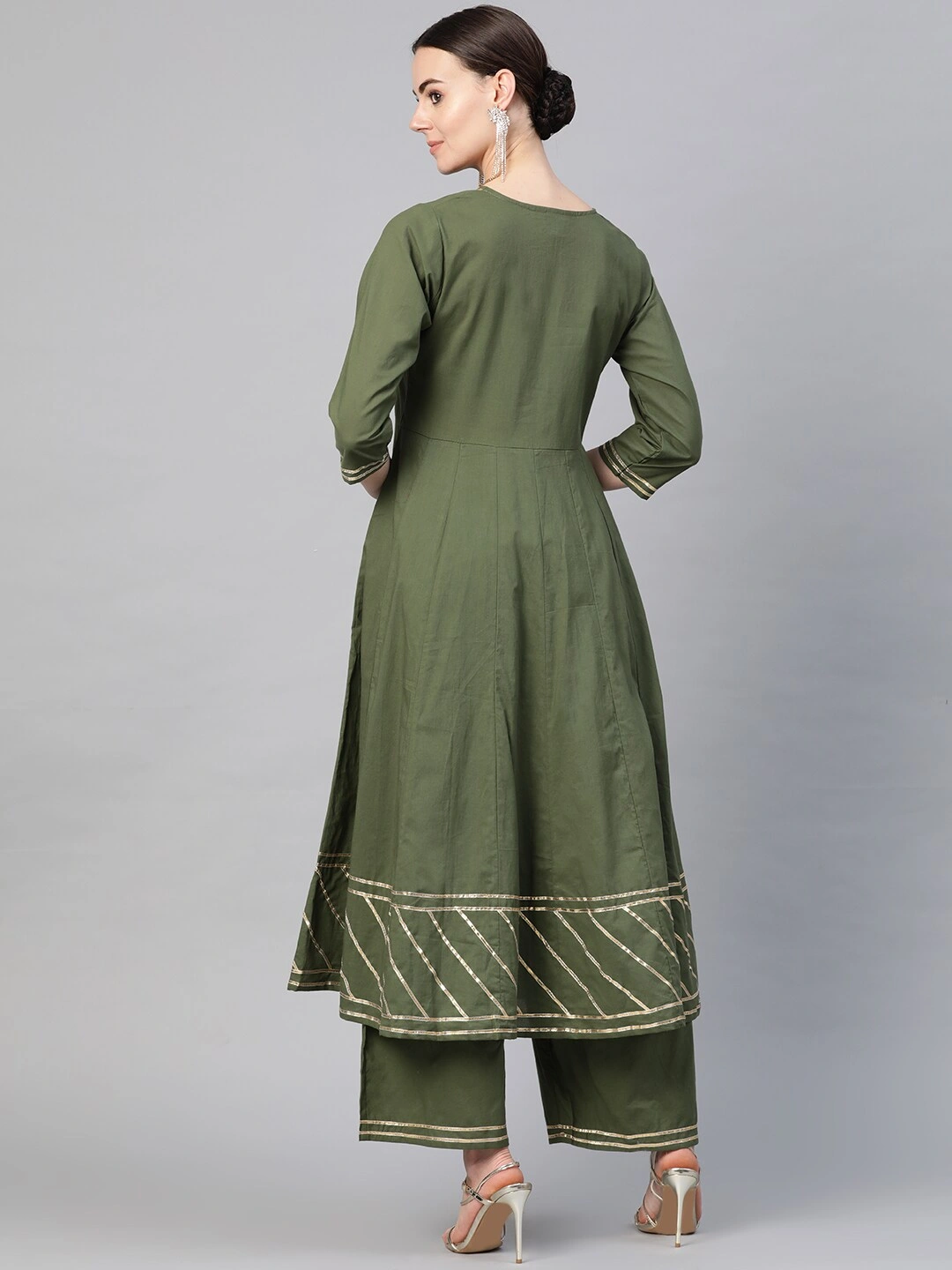 Bhama Couture Women Olive Green Gotta Patti Detail Kurta with Palazzos-S-3