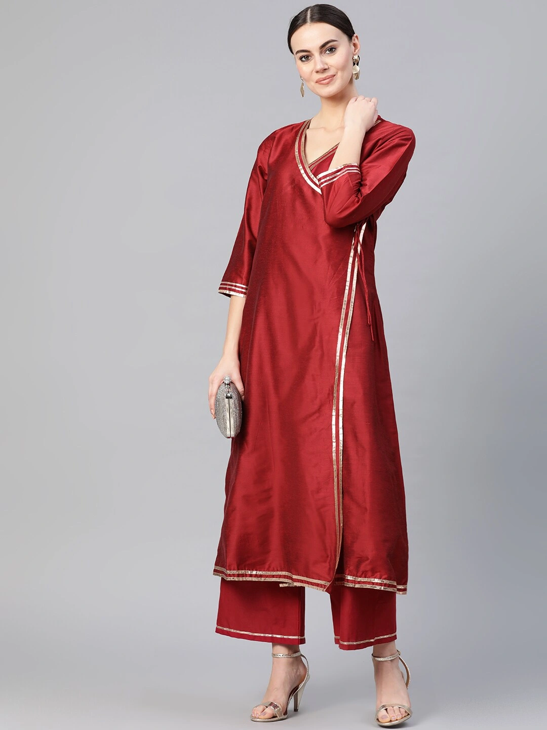 Bhama Couture Women Maroon Solid Angrakha Kurta with Palazzos-L-1