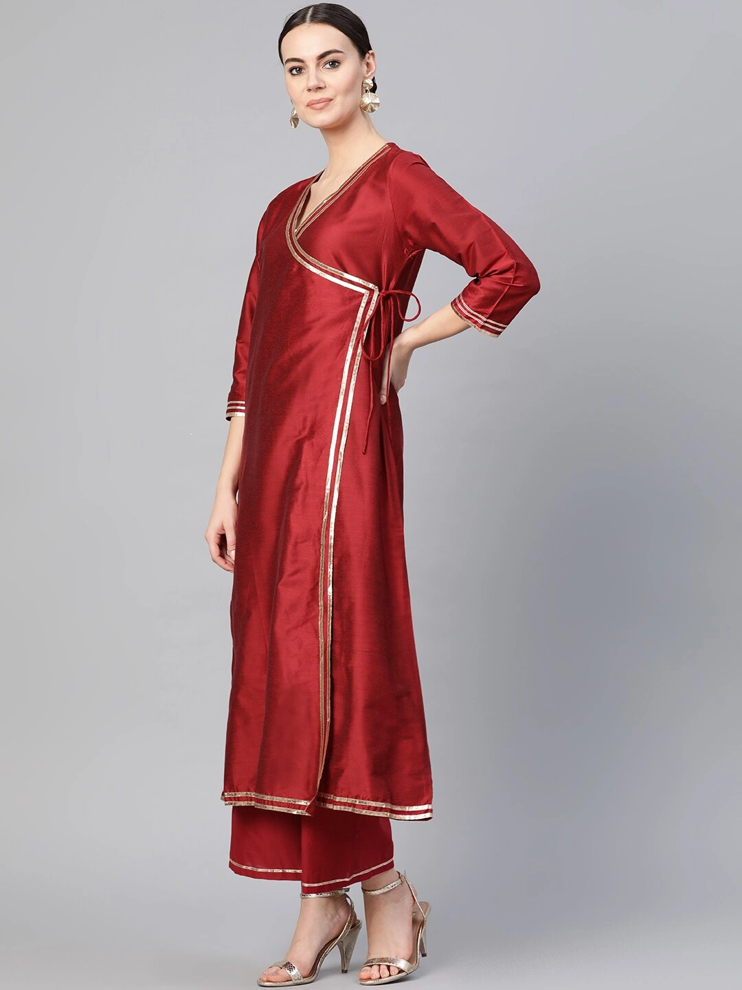 Bhama Couture Women Maroon Solid Angrakha Kurta with Palazzos-L-2