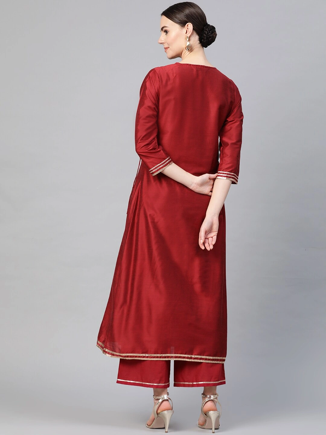 Bhama Couture Women Maroon Solid Angrakha Kurta with Palazzos-L-3