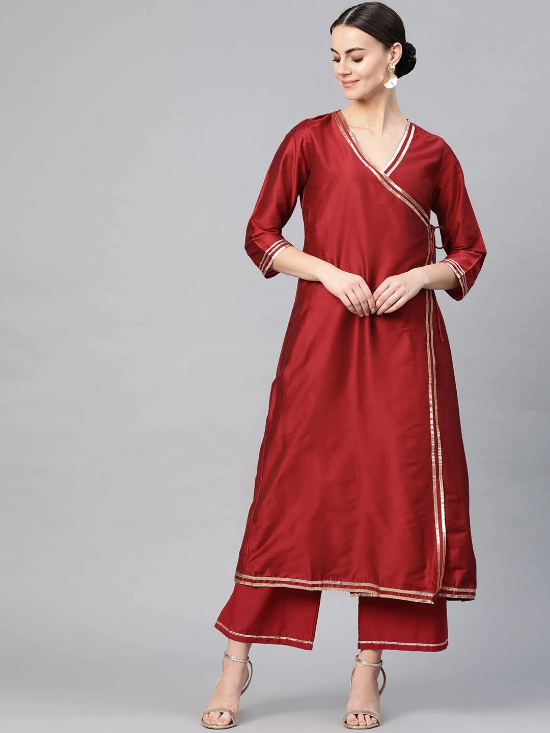 Bhama Couture Women Maroon Solid Angrakha Kurta with Palazzos-BHKS213_M