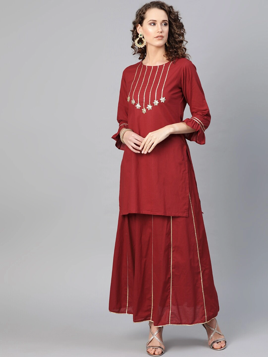 Bhama Couture Women Maroon &amp; Golden Gotta Patti Detail Kurta with Skirt-BHKS215_L