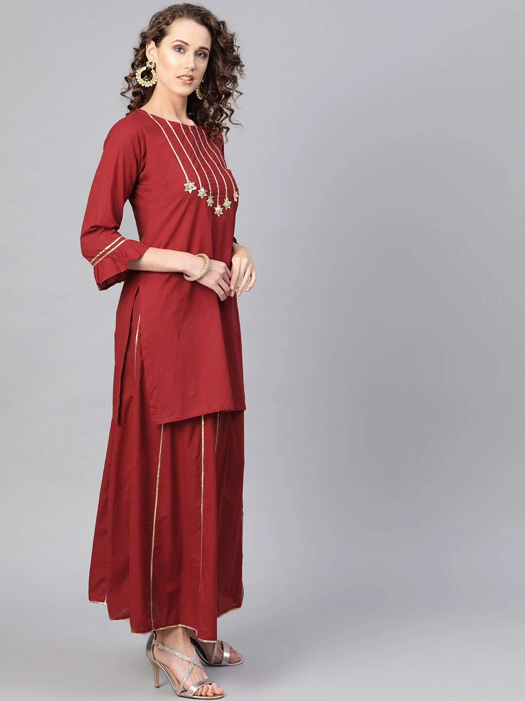 Bhama Couture Women Maroon &amp; Golden Gotta Patti Detail Kurta with Skirt-L-2