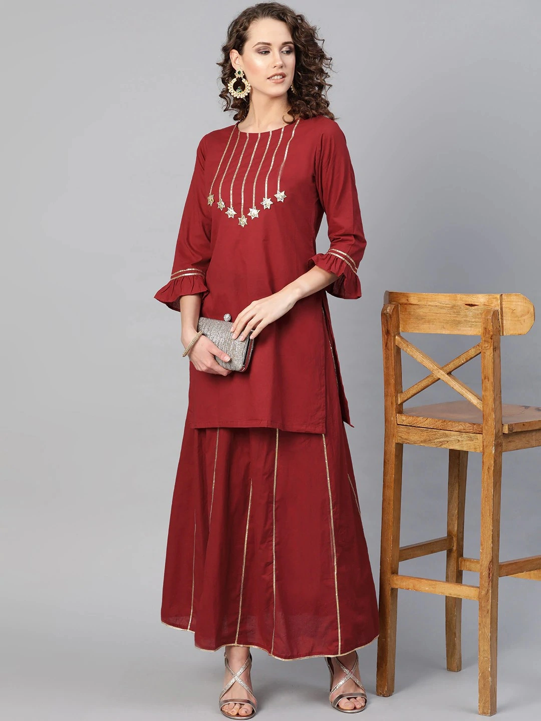 Bhama Couture Women Maroon &amp; Golden Gotta Patti Detail Kurta with Skirt-XL-1