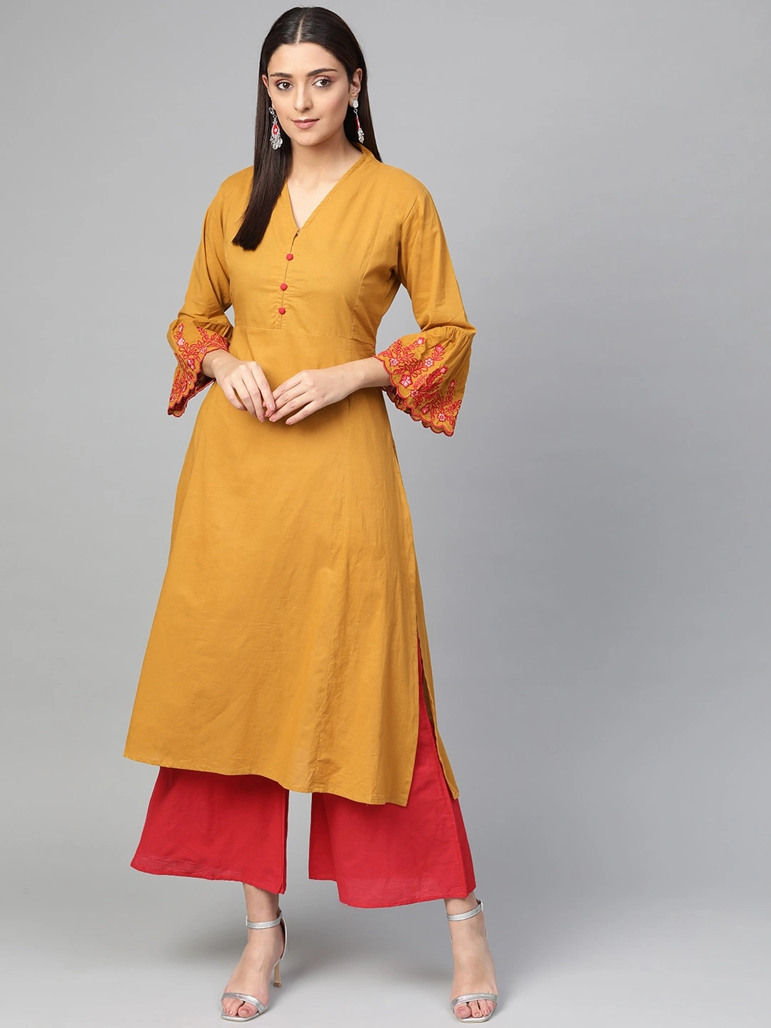 Bhama Couture Women Mustard Yellow &amp; Red Solid Kurta with Palazzos-BHKS222_M