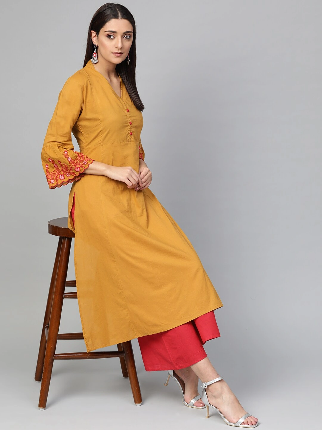 Bhama Couture Women Mustard Yellow &amp; Red Solid Kurta with Palazzos-M-1