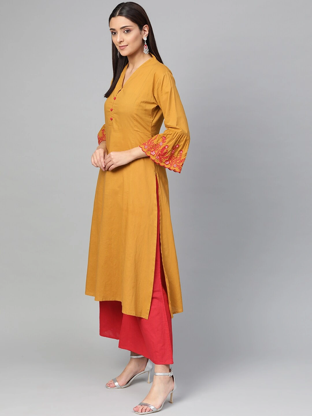 Bhama Couture Women Mustard Yellow &amp; Red Solid Kurta with Palazzos-M-2