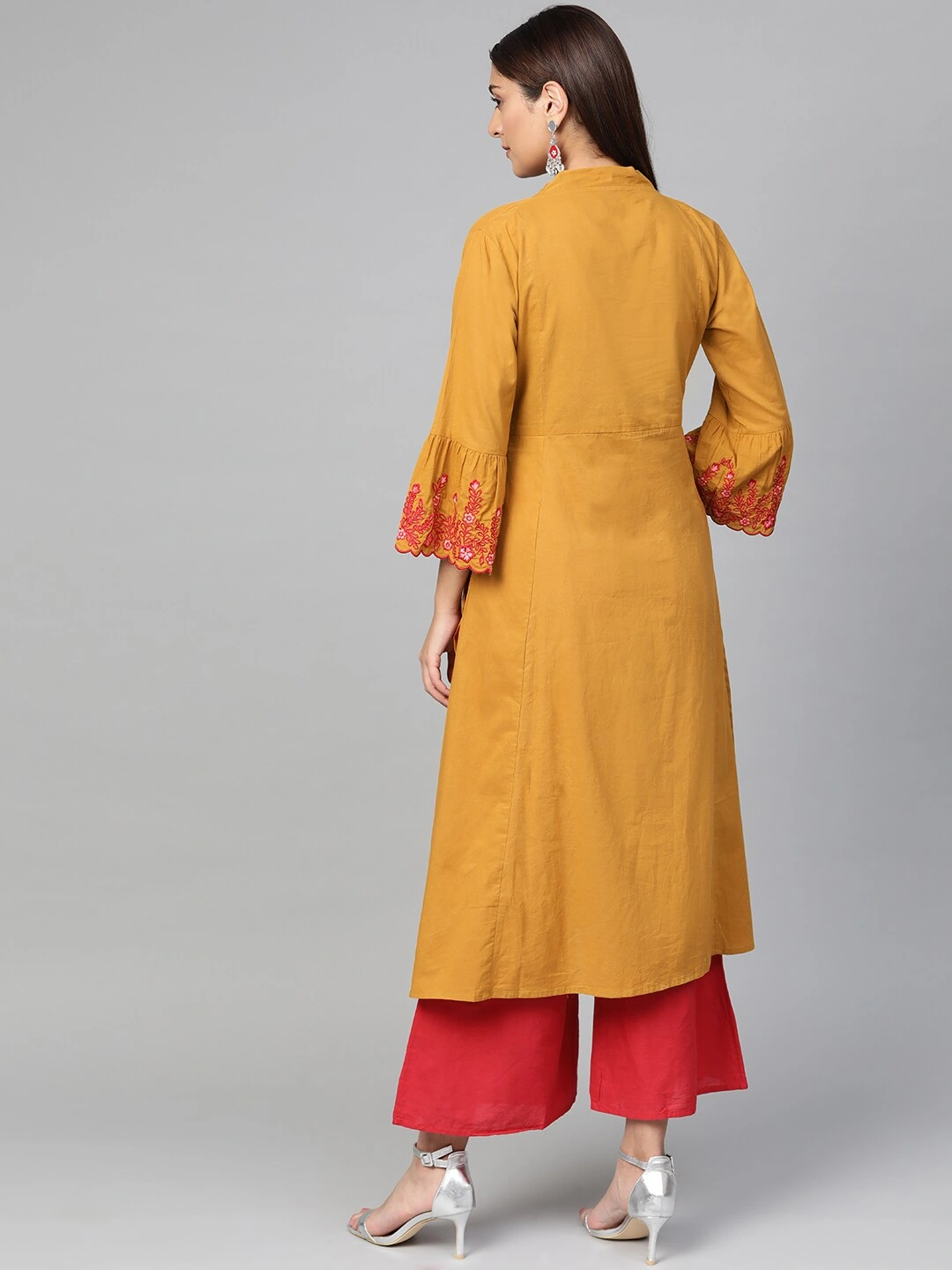 Bhama Couture Women Mustard Yellow &amp; Red Solid Kurta with Palazzos-M-3