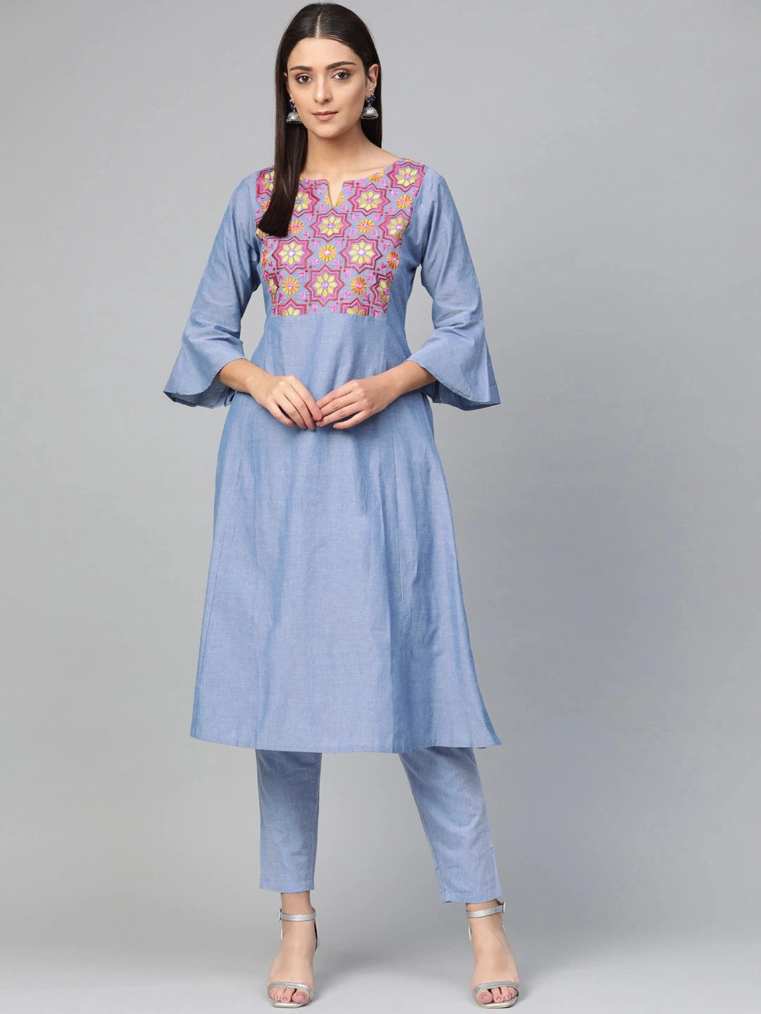 Bhama Couture Women Blue Yoke Design Chambray Kurta with Trousers-BHKS224_L