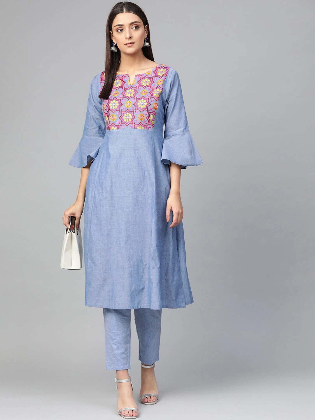 Bhama Couture Women Blue Yoke Design Chambray Kurta with Trousers-L-1