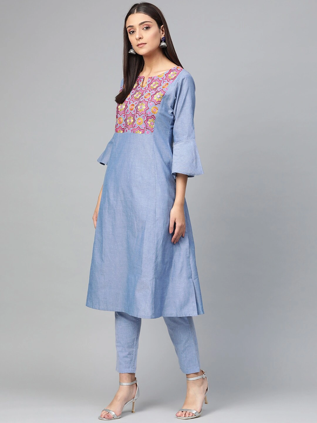 Bhama Couture Women Blue Yoke Design Chambray Kurta with Trousers-L-2