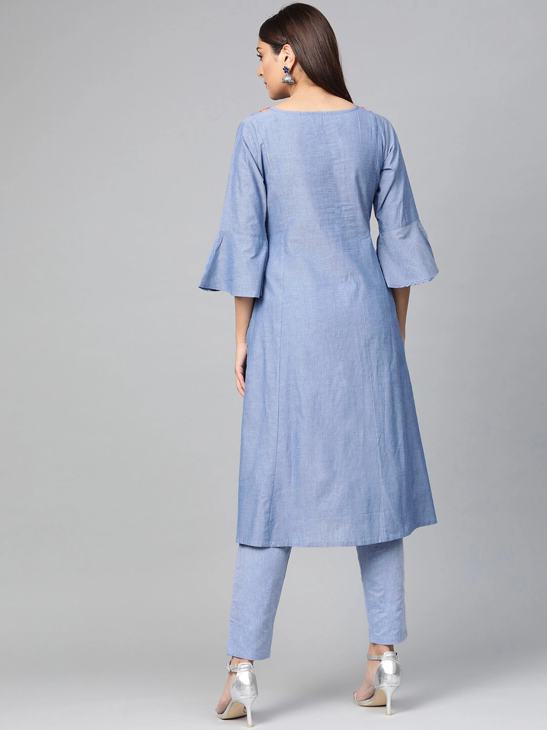 Bhama Couture Women Blue Yoke Design Chambray Kurta with Trousers-L-3