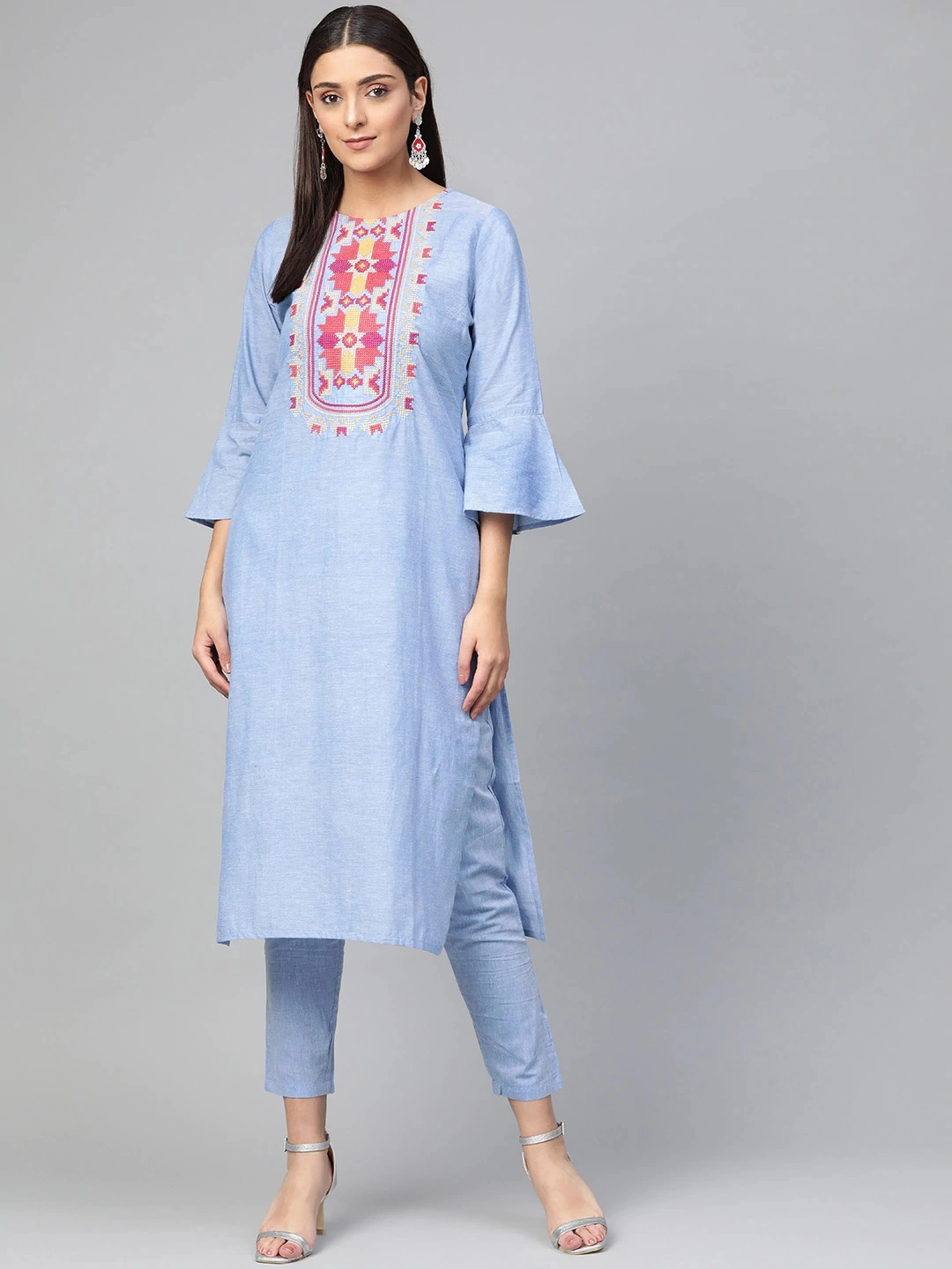 Bhama Couture Women Blue Yoke Design Kurta with Trousers-BHKS225_L