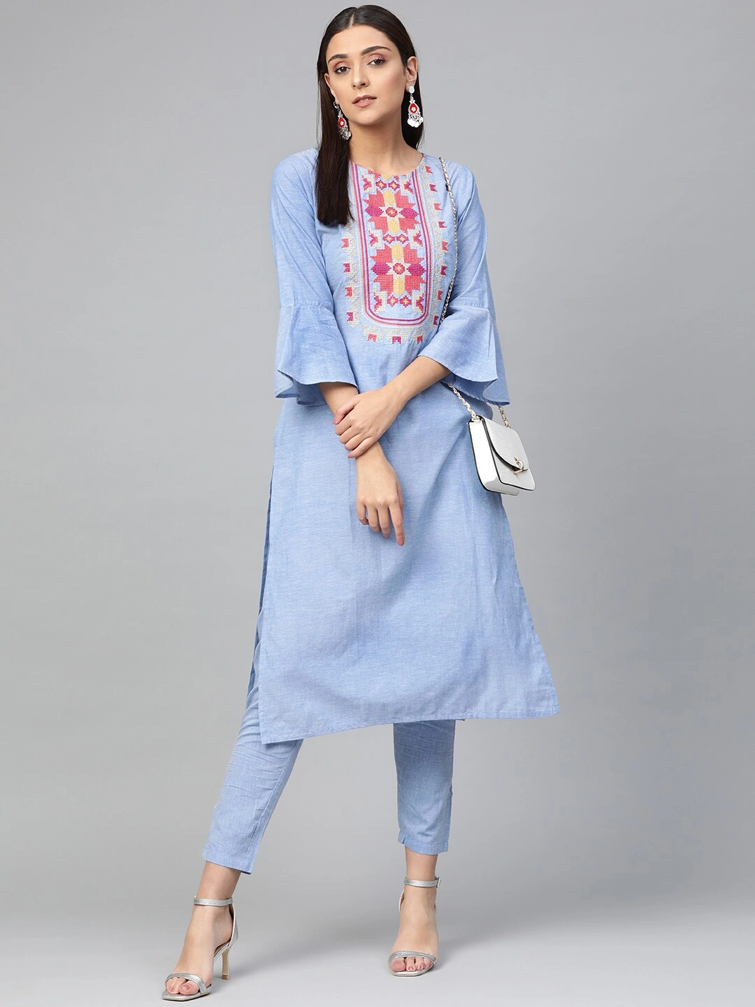 Bhama Couture Women Blue Yoke Design Kurta with Trousers-L-1