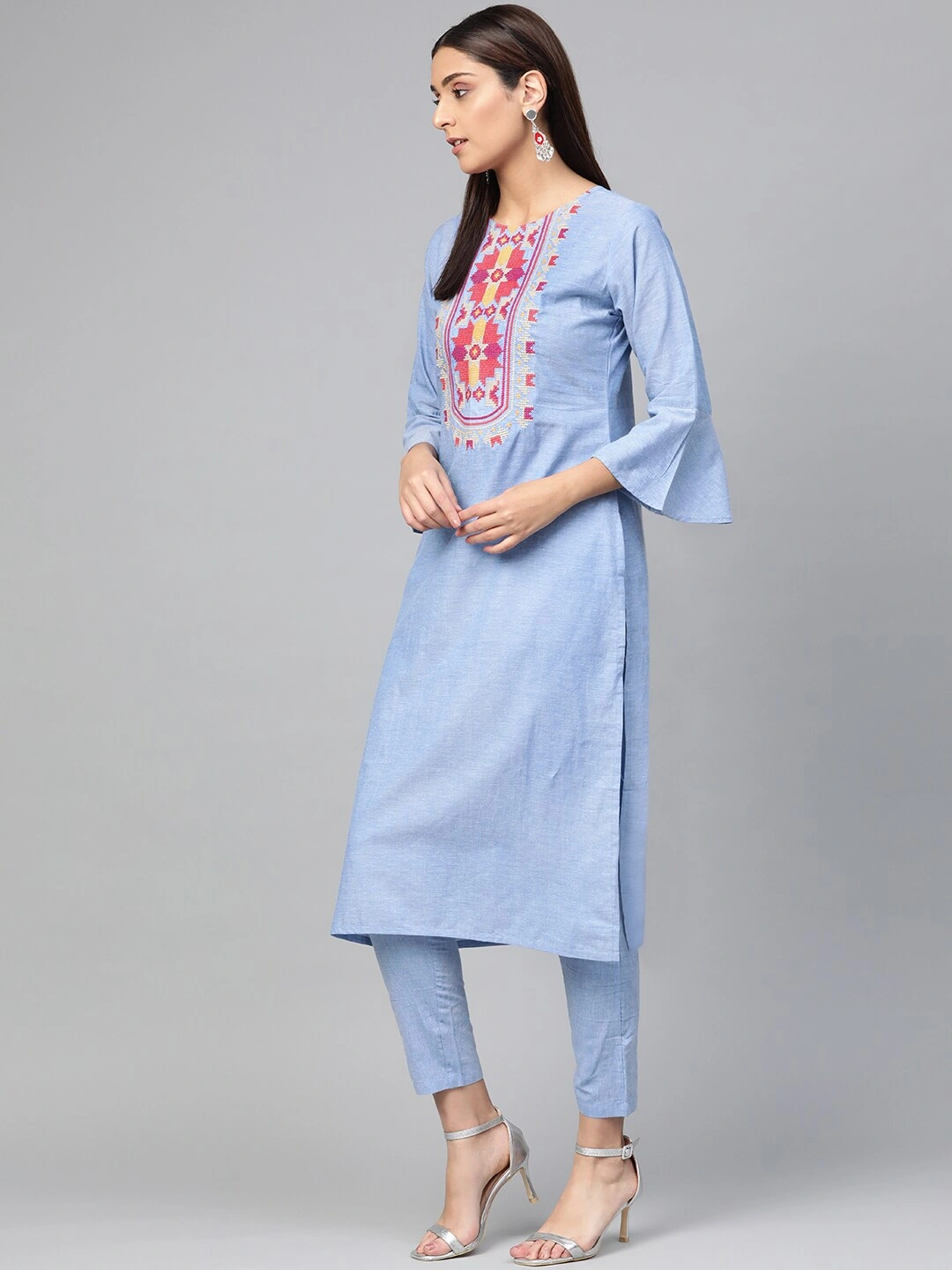 Bhama Couture Women Blue Yoke Design Kurta with Trousers-L-2