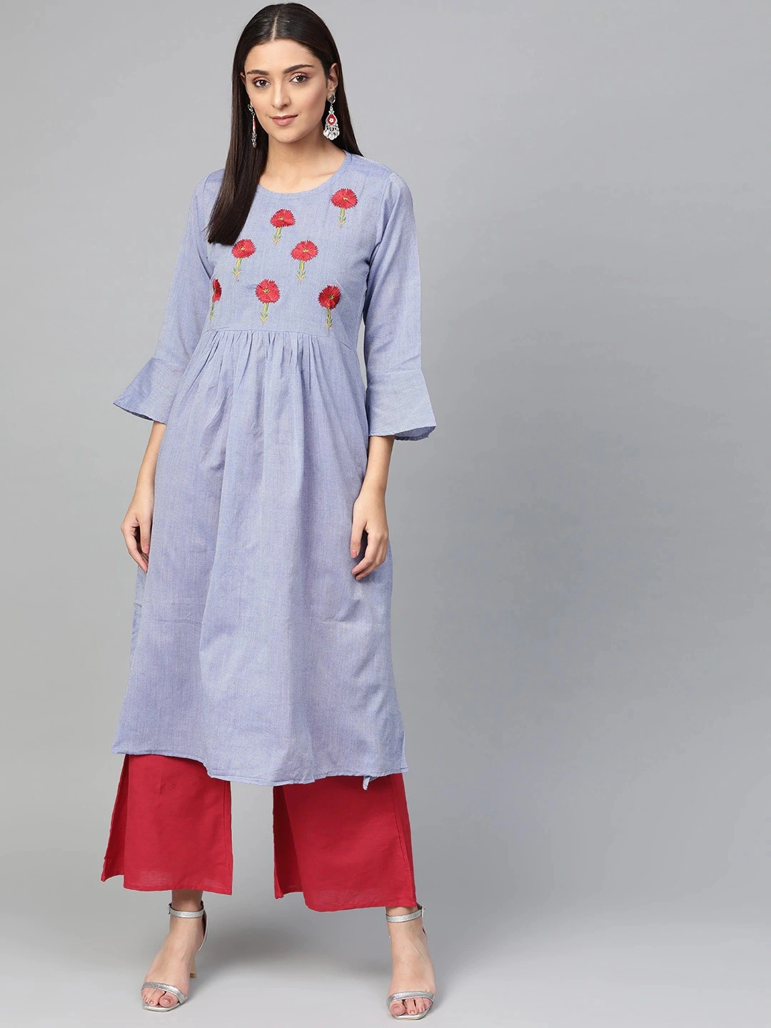 Bhama Couture Women Blue &amp; Red Yoke Design Chambray Kurta with Palazzos-BHKS226_L