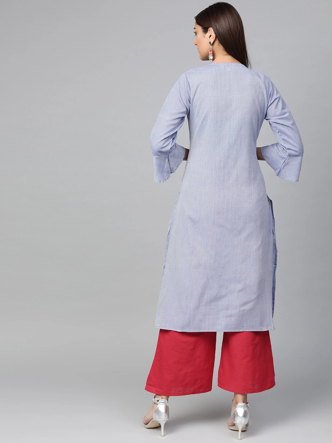 Bhama Couture Women Blue &amp; Red Yoke Design Chambray Kurta with Palazzos-L-3