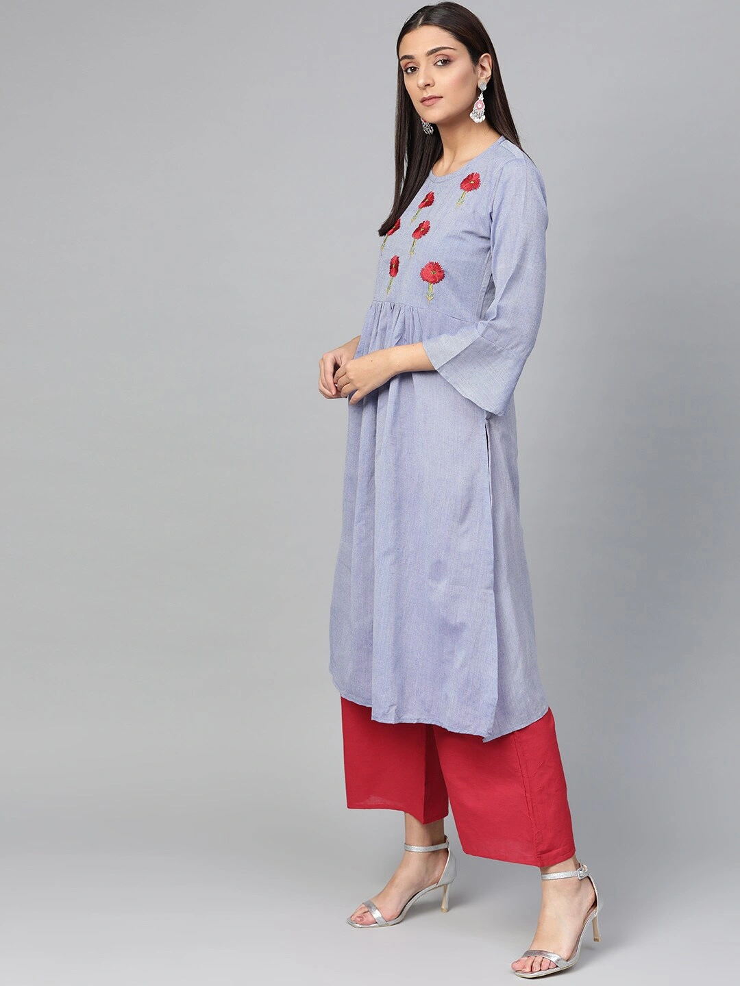 Bhama Couture Women Blue &amp; Red Yoke Design Chambray Kurta with Palazzos-M-1