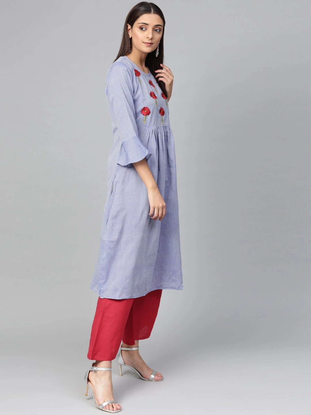 Bhama Couture Women Blue &amp; Red Yoke Design Chambray Kurta with Palazzos-XL-2