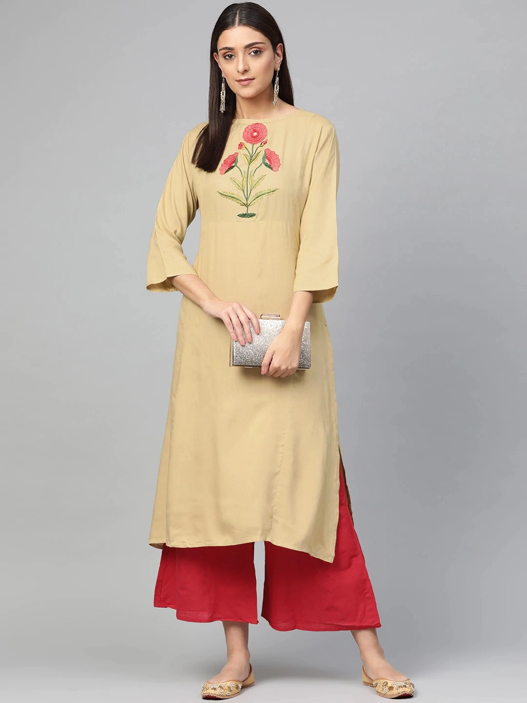 Bhama Couture Women Beige &amp; Red Yoke Design Kurta with Palazzos-BHKS227_L