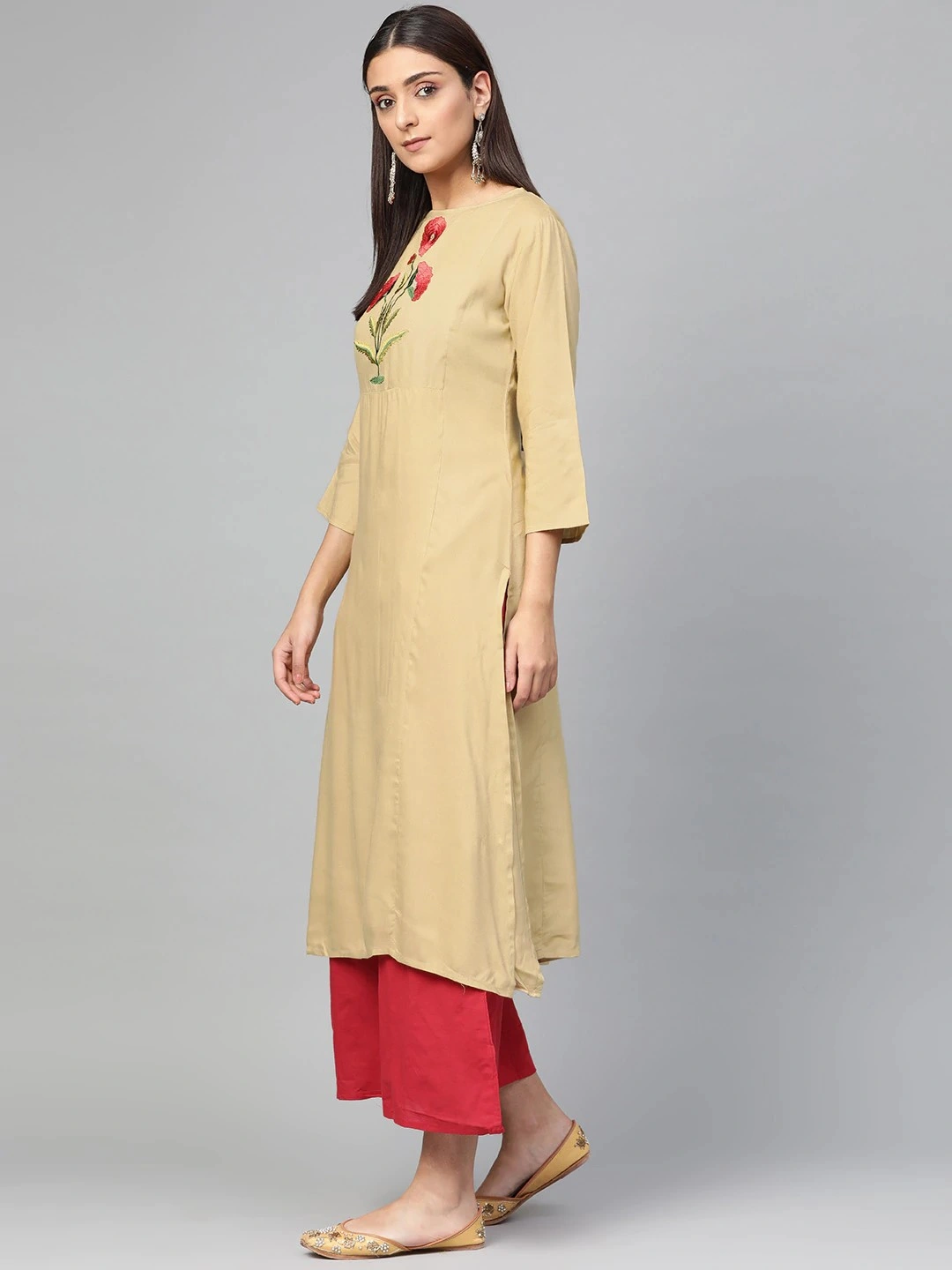 Bhama Couture Women Beige &amp; Red Yoke Design Kurta with Palazzos-L-2