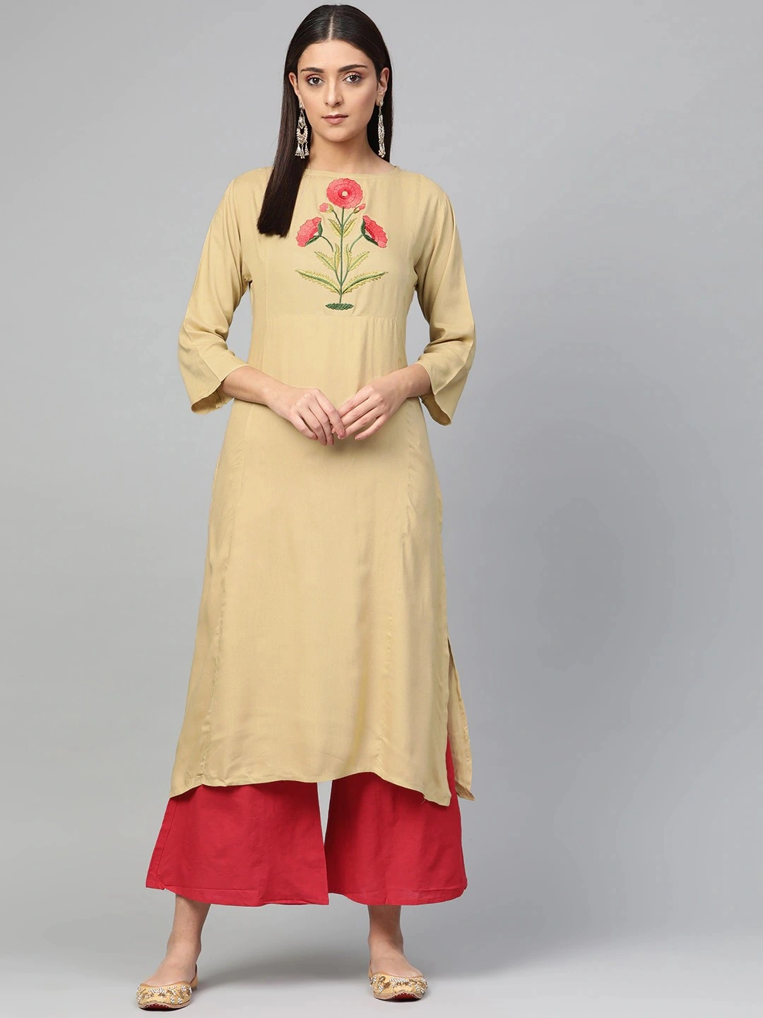 Bhama Couture Women Beige &amp; Red Yoke Design Kurta with Palazzos-M-1