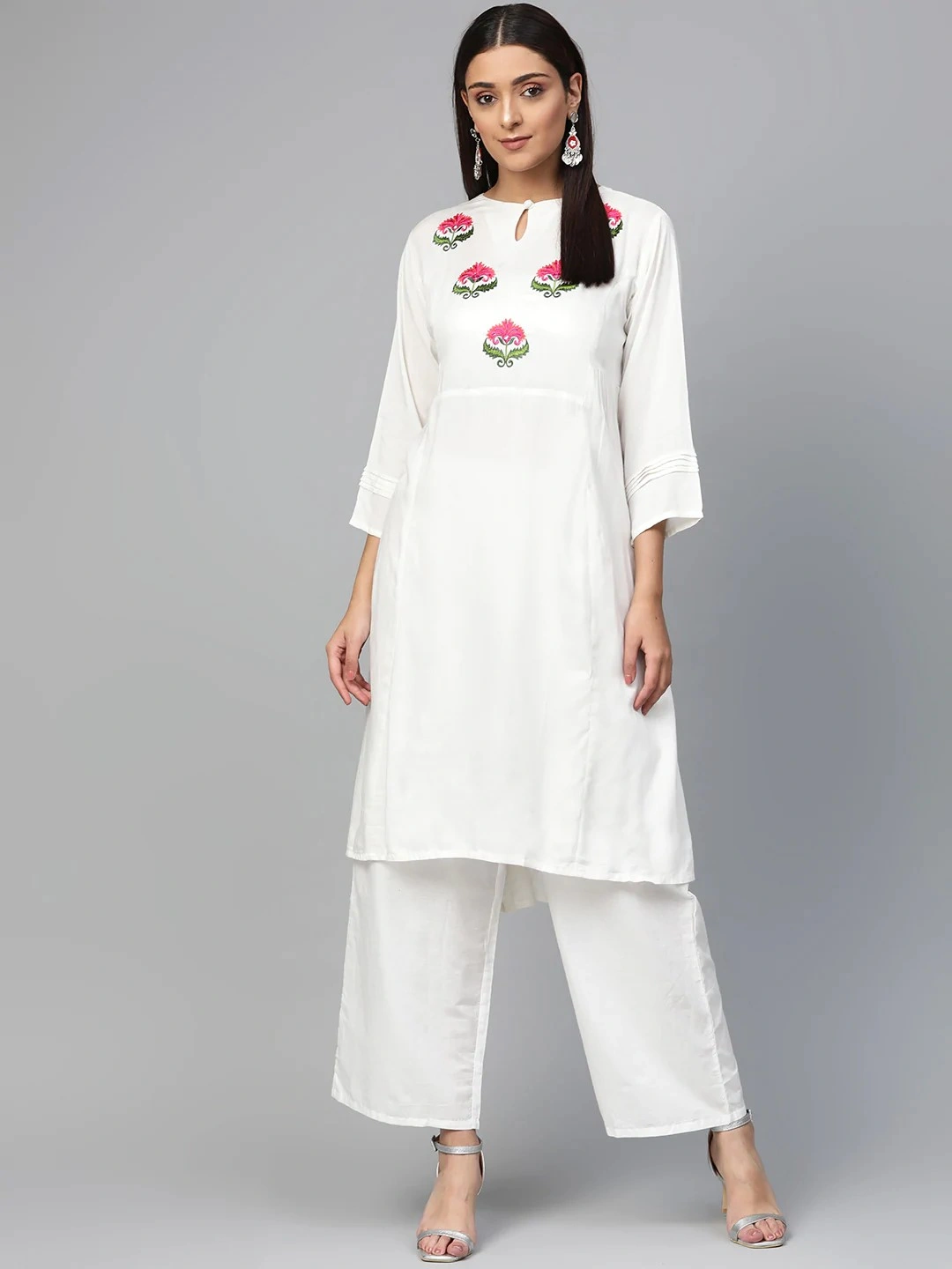 Bhama Couture Women White &amp; Pink Yoke Design Kurta with Palazzos-BHKS228_L