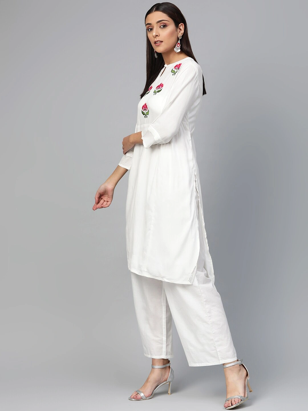 Bhama Couture Women White &amp; Pink Yoke Design Kurta with Palazzos-L-2