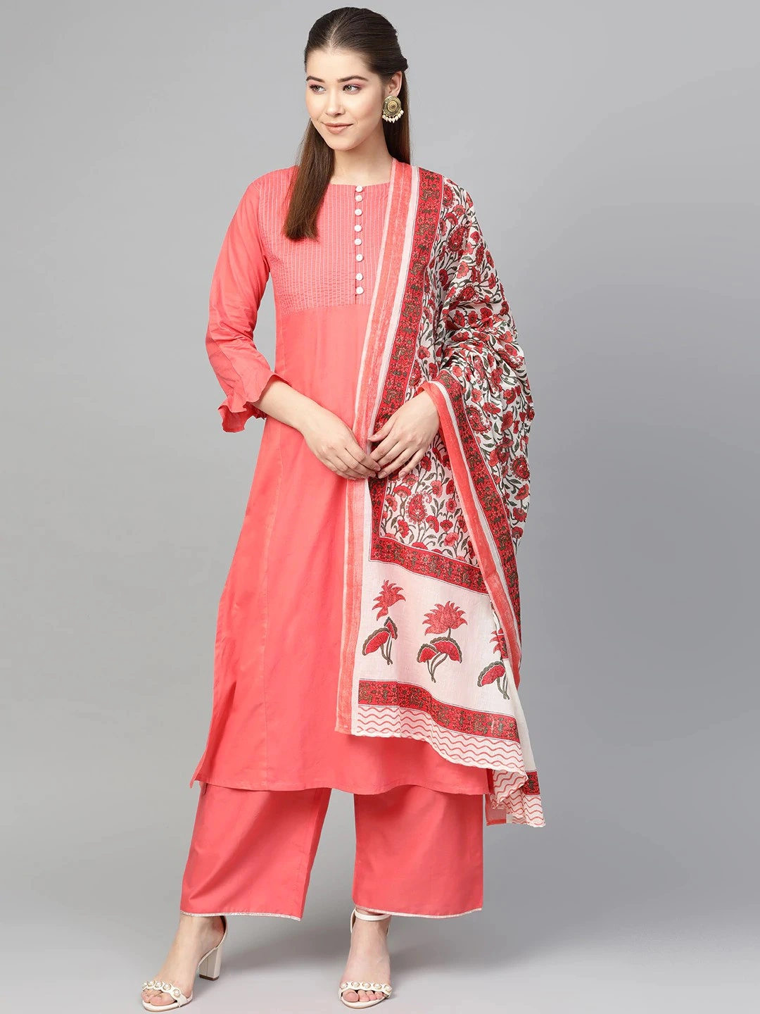 Bhama Couture Women Peach-Coloured &amp; White Solid Kurta with Palazzos &amp; Dupatta-BHKS229_L