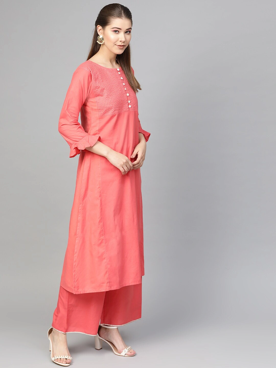 Bhama Couture Women Peach-Coloured &amp; White Solid Kurta with Palazzos &amp; Dupatta-L-2