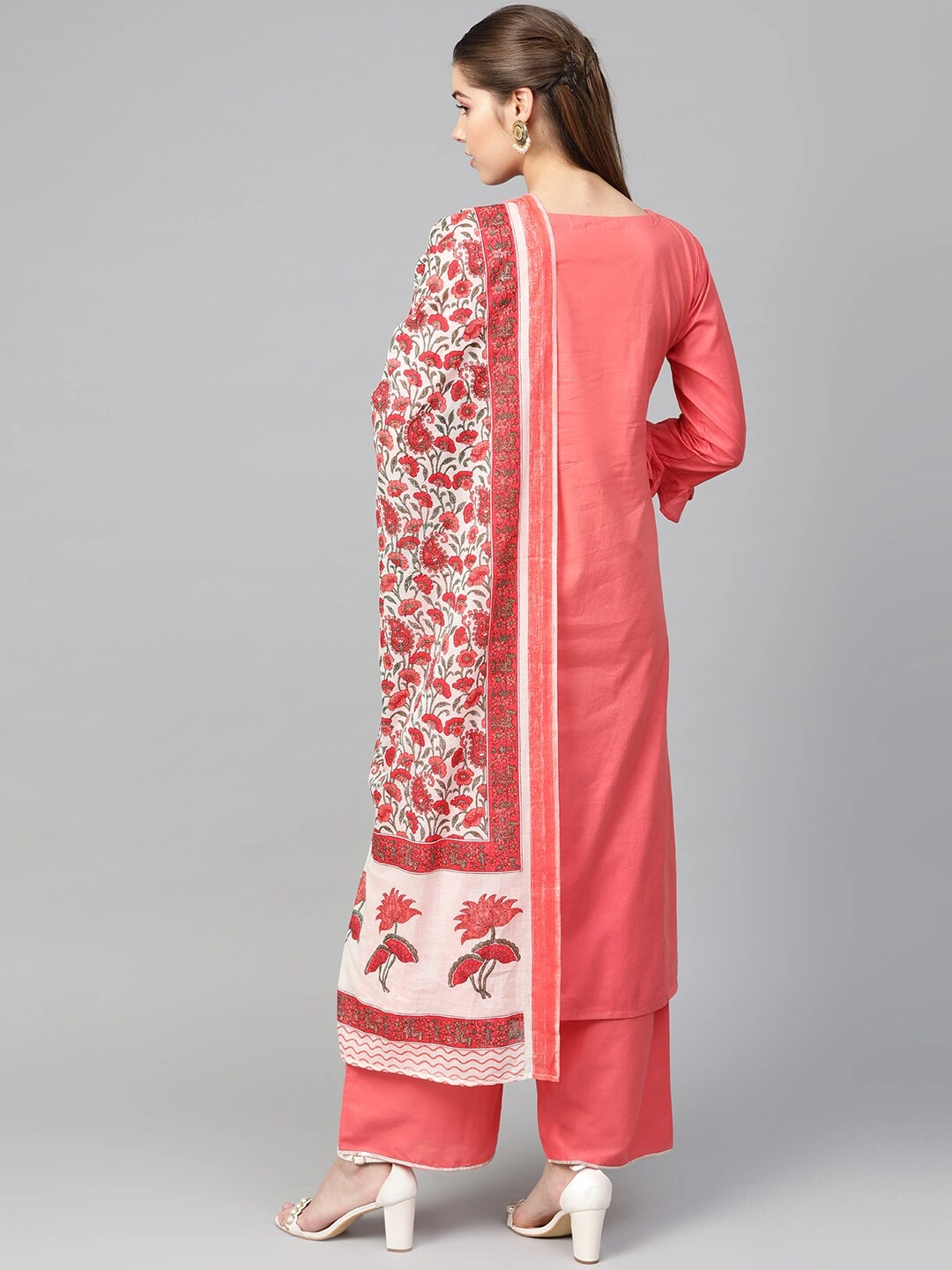 Bhama Couture Women Peach-Coloured &amp; White Solid Kurta with Palazzos &amp; Dupatta-M-3