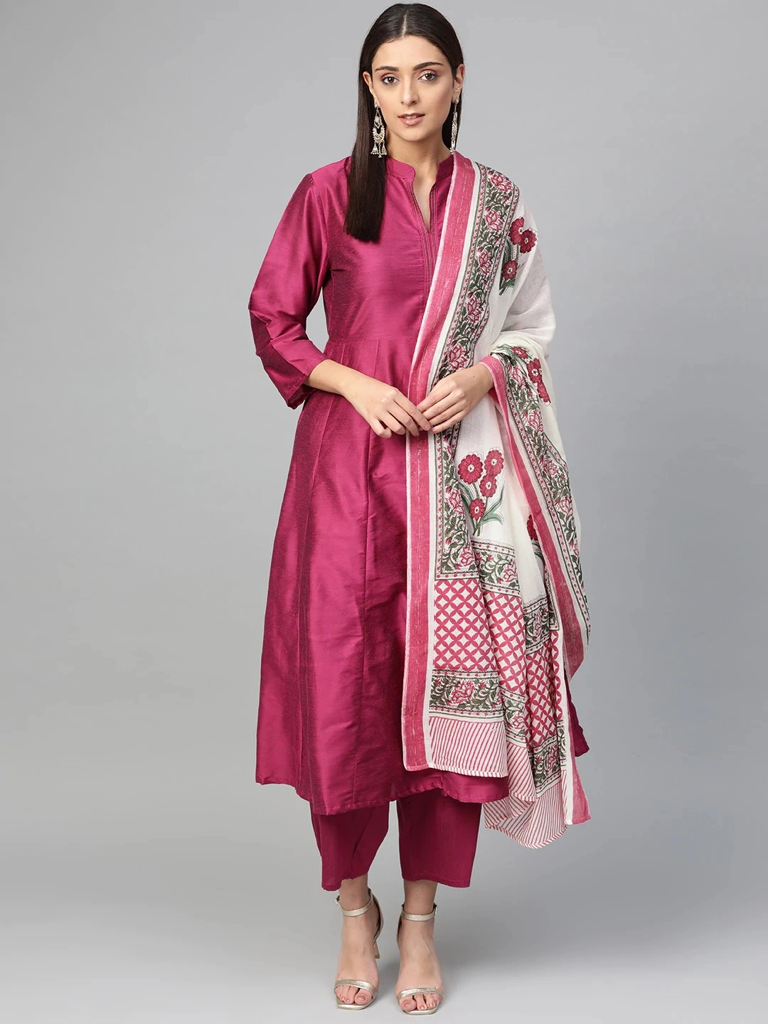 Bhama Couture Women Burgundy &amp; Off-White Solid Silk Kurta with Palazzos &amp; Dupatta-BHKS230_L