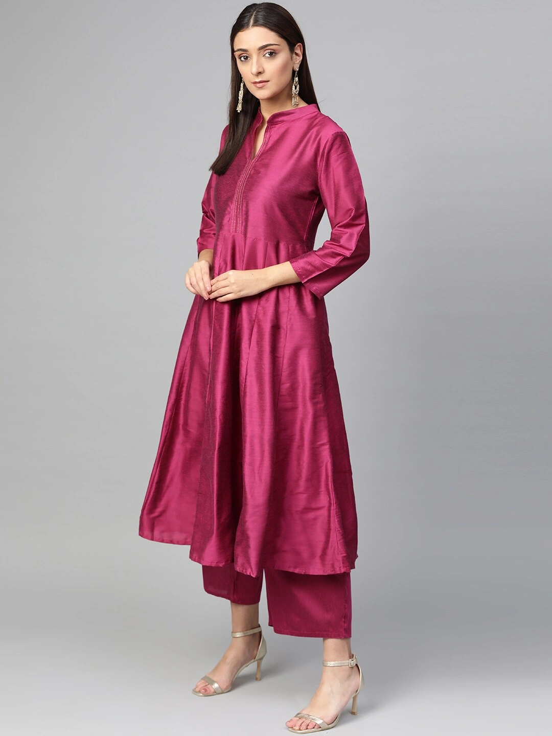 Bhama Couture Women Burgundy &amp; Off-White Solid Silk Kurta with Palazzos &amp; Dupatta-L-2