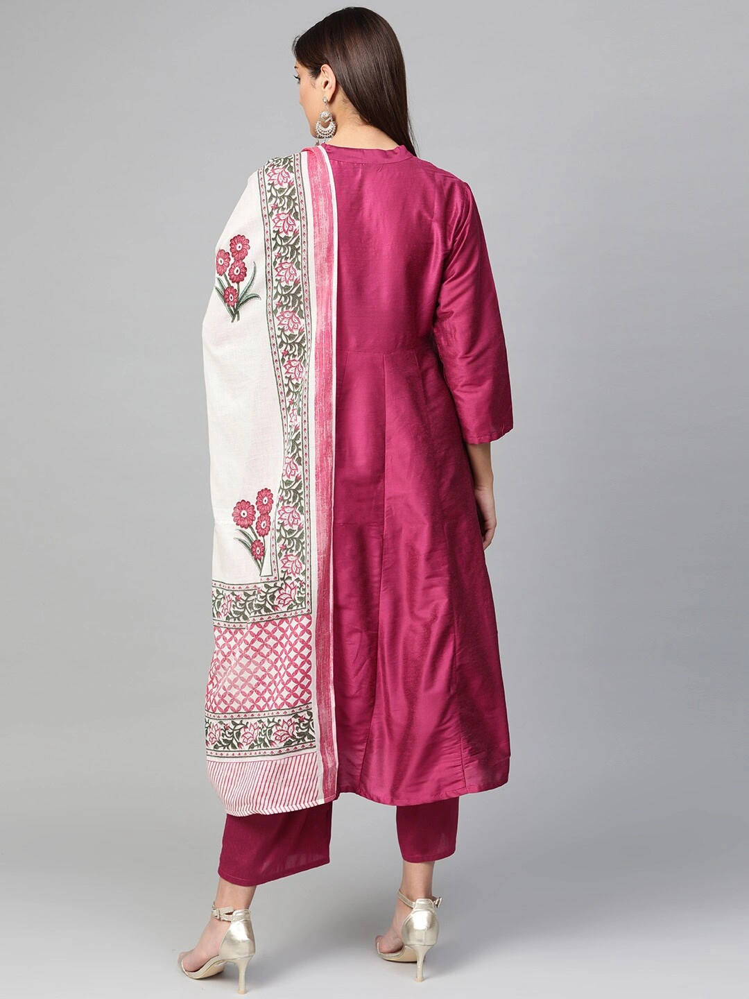 Bhama Couture Women Burgundy &amp; Off-White Solid Silk Kurta with Palazzos &amp; Dupatta-M-3